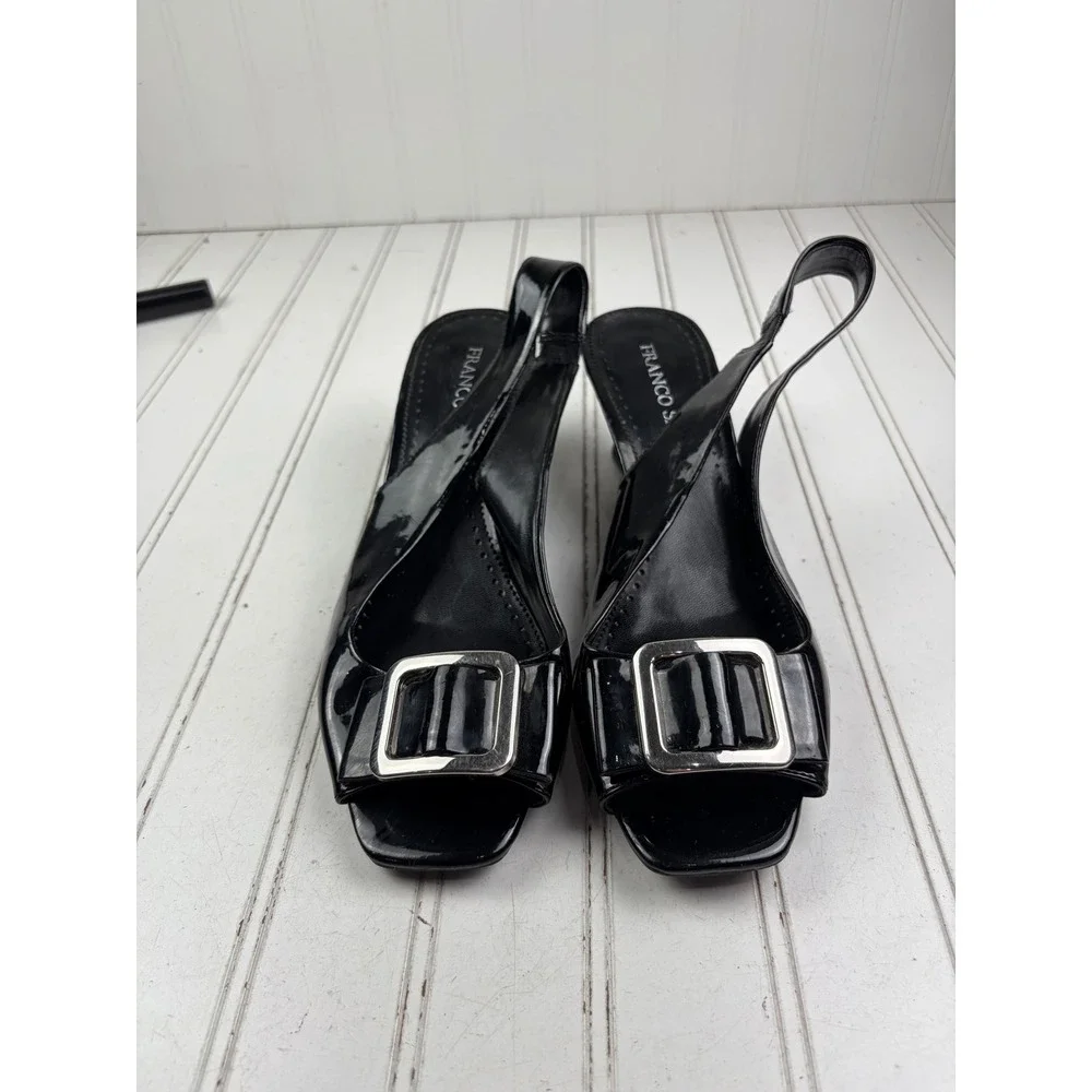 Franco Sarto Vintage Y2K Black Patent Leather Slingback Heels Women's Size 9.5